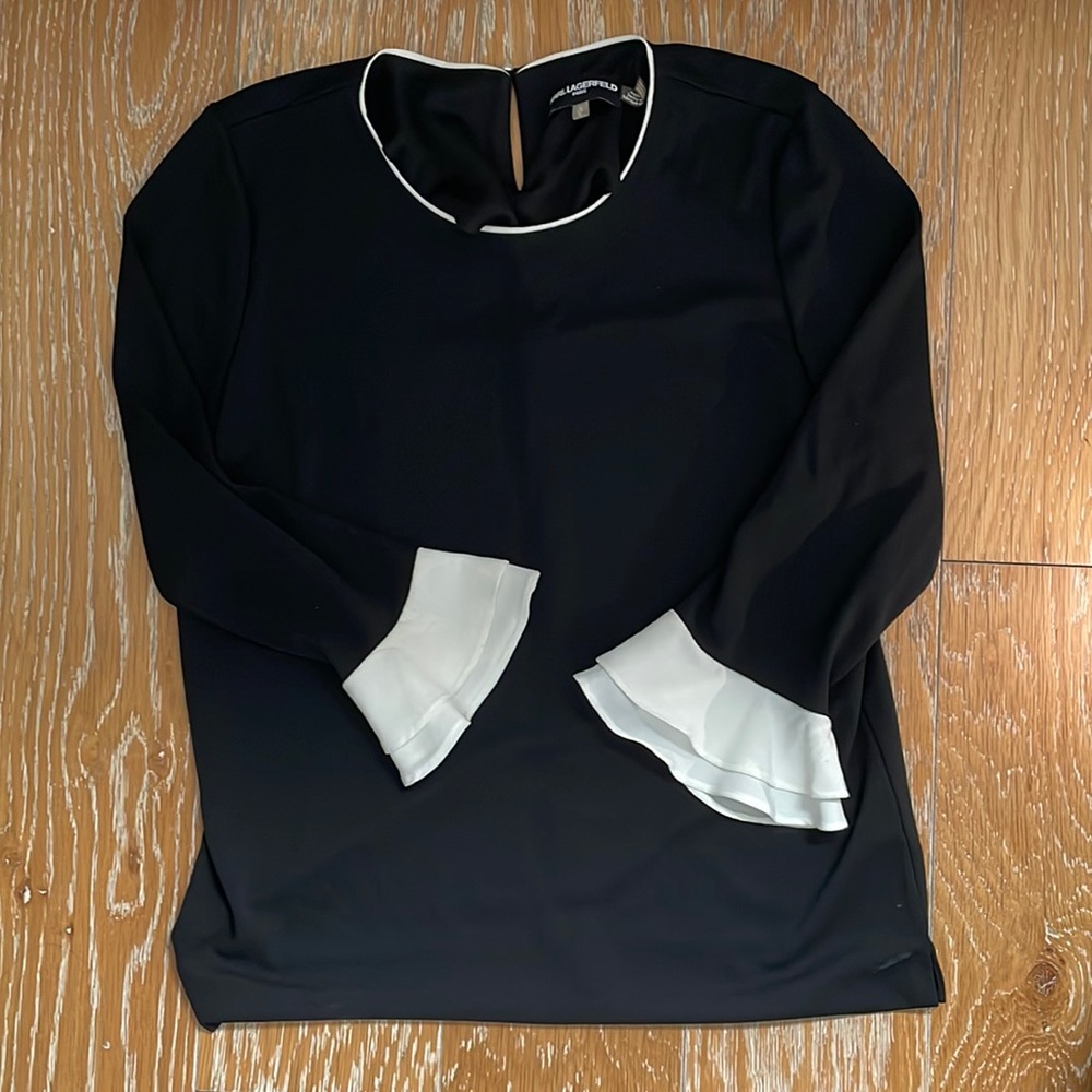 Karl Lagerfeld Black Long Sleeve Blouse with White Detailing (Small)